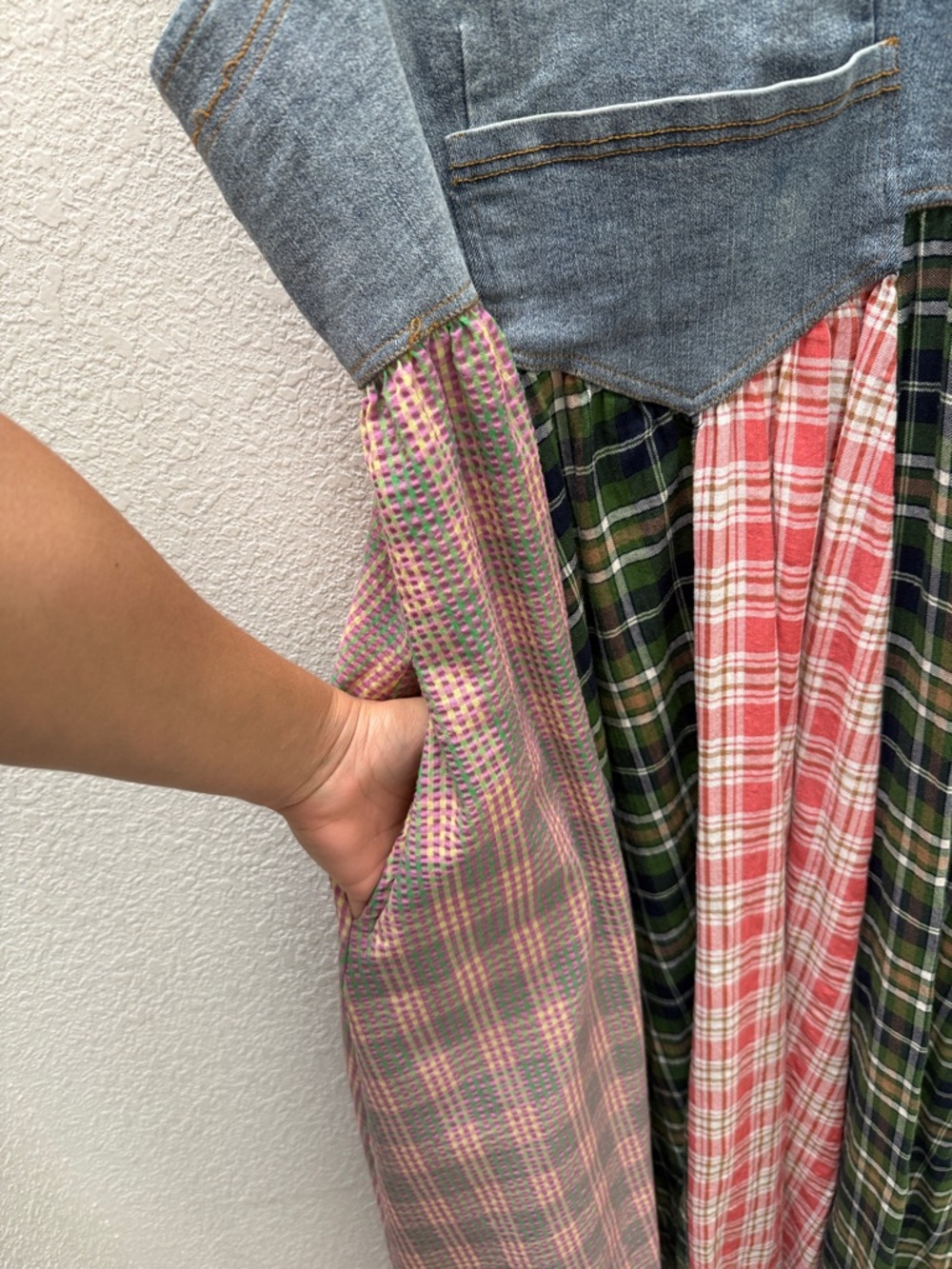 Ces Femme Denim Bodice Patchwork Plaid Maxi Dress - Green & Pink size Small - Picture 10 of 11